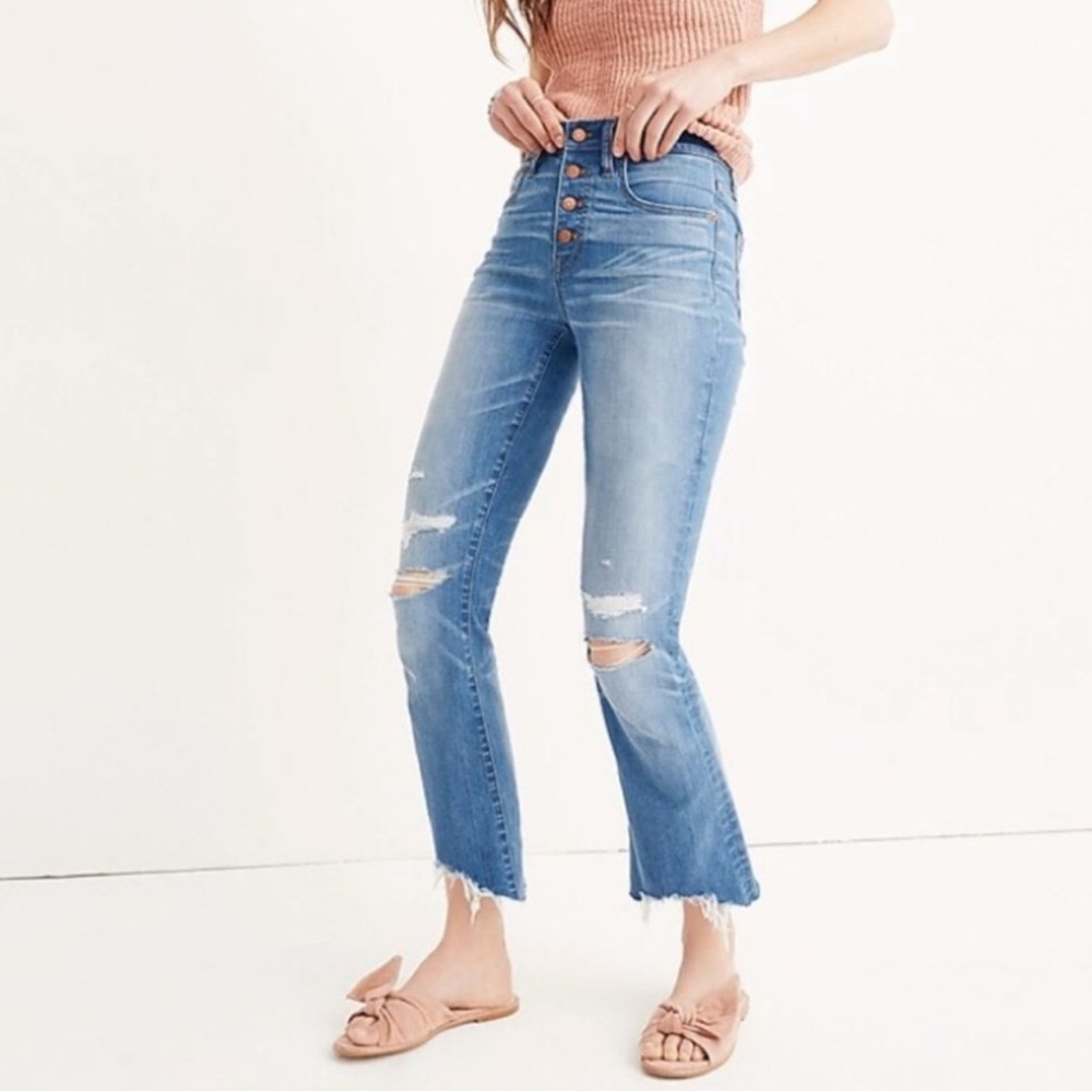 Madewell Denim Stretch Hi Rise Button Fly Cali Demi Boot Raw Hem Ripped Jean 32